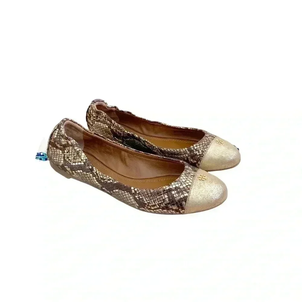 Tory Burch Gold Roccia Ballet Flats Shoes Size 6 Cap Toe Snakeprint Classic